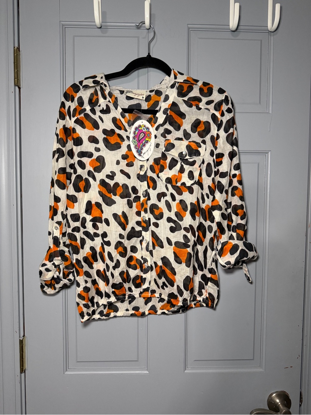 Magazine M Orange Black Leopard Print Roll Tab Blouse Boho Top